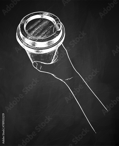 Chalkboard drawing vector sketchy illustration of hand holding disposable paper coffee takeaway cup © Sonya illustration