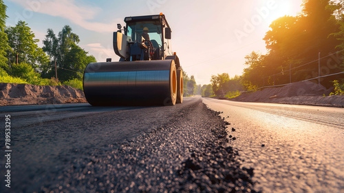 A road roller paused on a newly paved road, reflecting the industry's focus on safety and efficiency, with natural sunlight casting soft shadows around the equipment. , natural lig photo