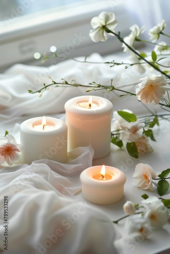 White candles with flame and jasmine flowers on a draped fabric.