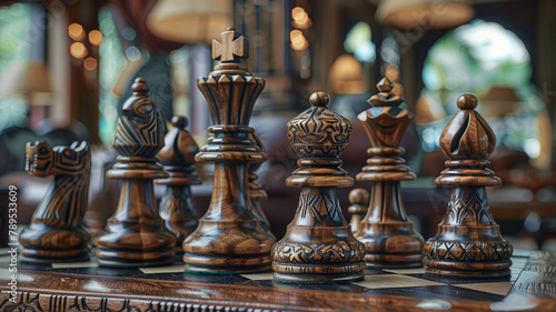 Carved wooden chess pieces on board.