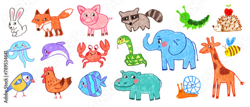 Felt pen vector colorful child drawings illustrations set of cute animals