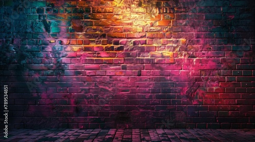 Wander through the urban labyrinth of an old brick wall illuminated by neon light, the play of light and shadow creating a mesmerizing tapestry of textures and colors,