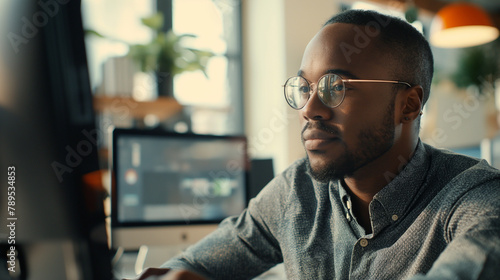 A support agent in a video conference, explaining technical details to a client, in an office environment enhanced by natural daylight. , natural light, soft shadows, with copy spa