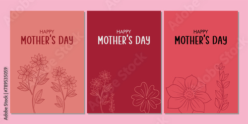 Happy Mother's Day Vector Greeting Card Design Templates pack with flowers and leaves. Mother's Day gift card design templates pack in pink color shades. Editable EPS file.