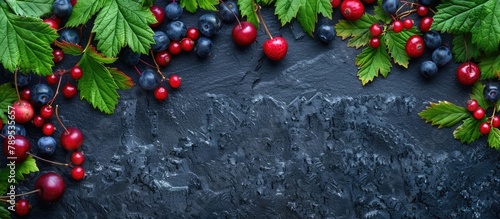 Border of fresh wild berries and leaves with empty space on dark stone backdrop.