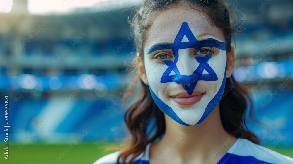 beautiful woman with face painted with the flag of Israel. Olympic games concept, sports event in high resolution