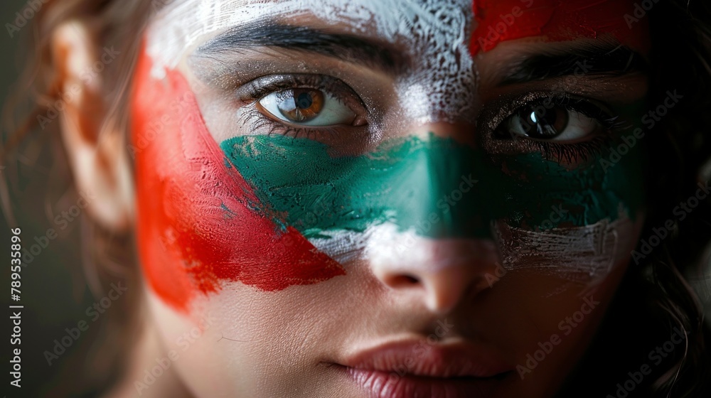 beautiful woman with face painted with the flag of Palestine beautiful woman with face painted with the flag of Palestine