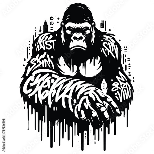 gorilla silhouette, animal graffiti tag, hip hop, street art typography illustration.