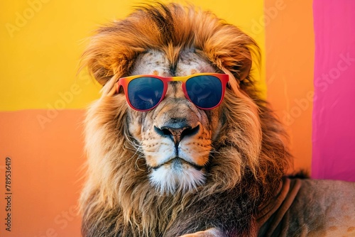 humorous lion portrait wearing sunglasses on bright colorful studio background animal photography © Lucija