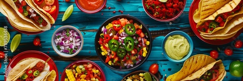 Assorted Tacos, Salsa, and Guacamole on a Blue Background