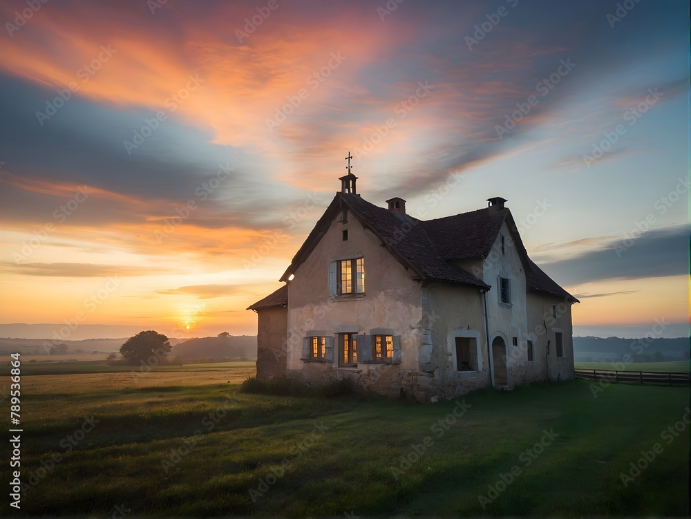 A grand building on a hill against a backdrop of a colorful sunset sky A grand building on a hill against a backdrop of a colorful sunset sky