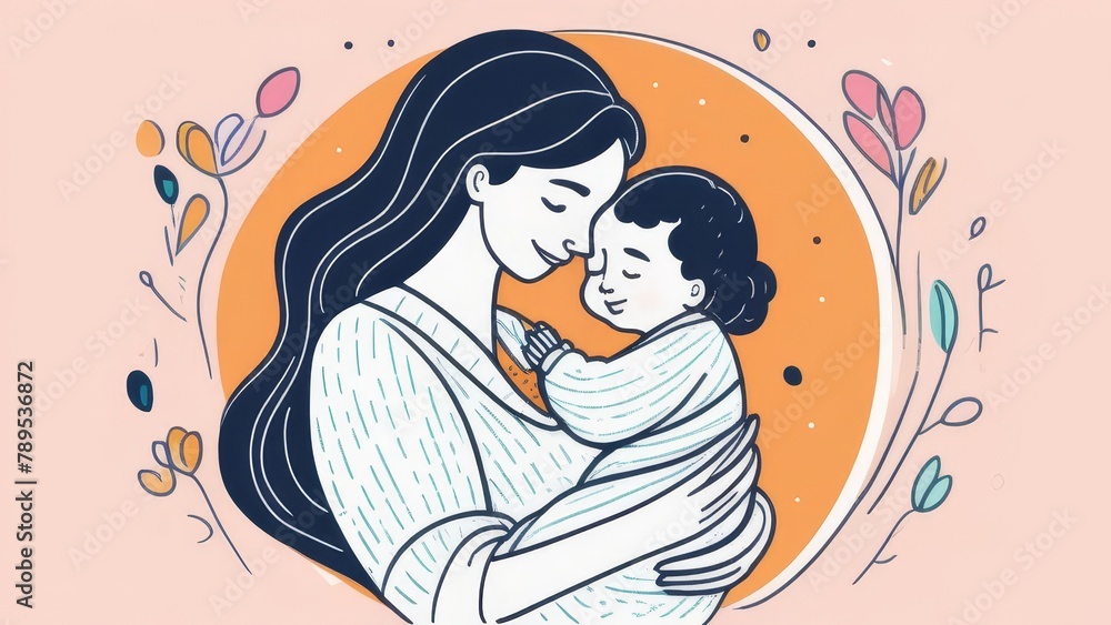 A woman is holding a baby in her arms. The baby is smiling and the woman is smiling back. Concept of warmth and love between the mother and child