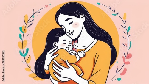 A woman is holding a baby in her arms. The baby is wearing a blanket. Concept of warmth and love between the mother and child