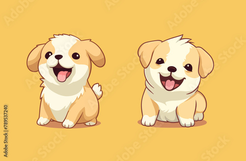 chibi style illustration set of cute spotted puppy character on yellow background 