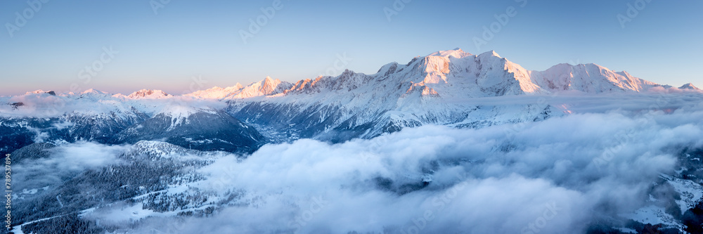 Mont Blanc Massif and Chamonix Valley at sunset in Winter French Alps Mont Blanc Massif and Chamonix Valley at sunset in Winter French Alps