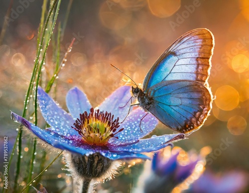 Blauer Morpho peleides Schmetterling auf blauer Pulsatilla vulgaris mit Regentropfen photo