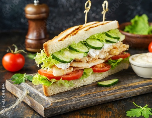 Clubsandwich mit Salat, Hähnchenfleisch, Remoulade, Tomaten und Gurkenscheiben  photo