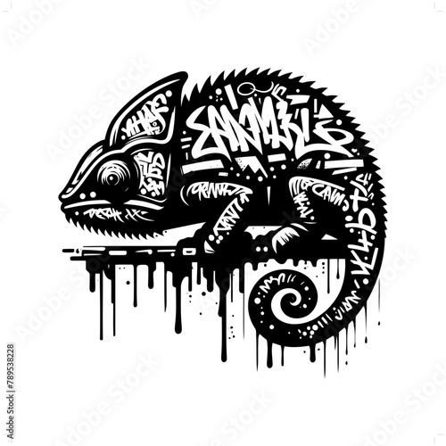Chameleon silhouette, animal graffiti tag, hip hop, street art typography illustration.