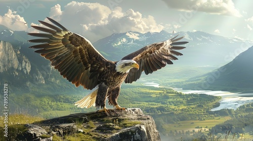 An eagle with extended wings perched on the ground. Graceful eagle perched on the ground.