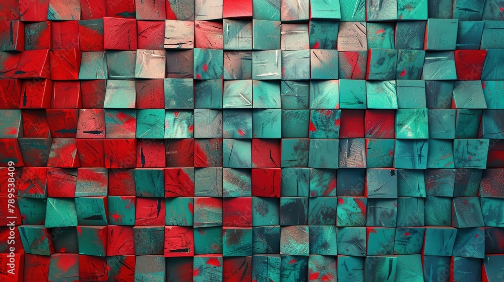 Abstract turquoise red mosaic 3d tile wall texture background illustration with geometric shapes