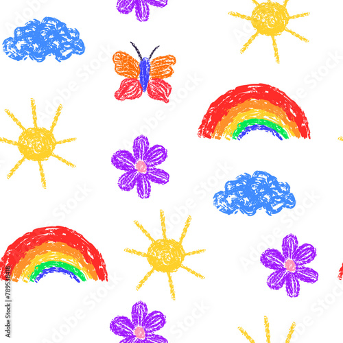 Seamless pattern with childlike crayon rainbow and sun