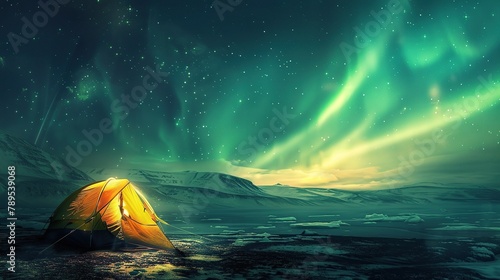 A tent under a green aurora sky near a lake