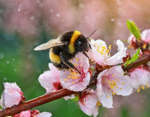 Die Hummel auf Pfirsichblüten mit Tautropfen  photo