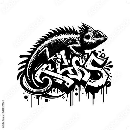 Iguana silhouette  animal graffiti tag  hip hop  street art typography illustration.