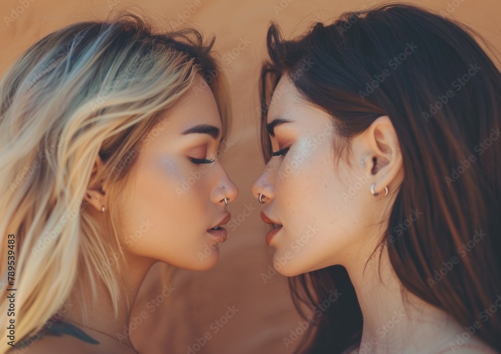 Portrait of two attractive attractive women with flawless skin complexion healthy lifestyle vitality isolated on gray pastel color background.
They are very close and looking at each other. Portrait of two attractive attractive women with flawless skin complexion healthy lifestyle vitality isolated on gray pastel color background.
They are very close and looking at each other.