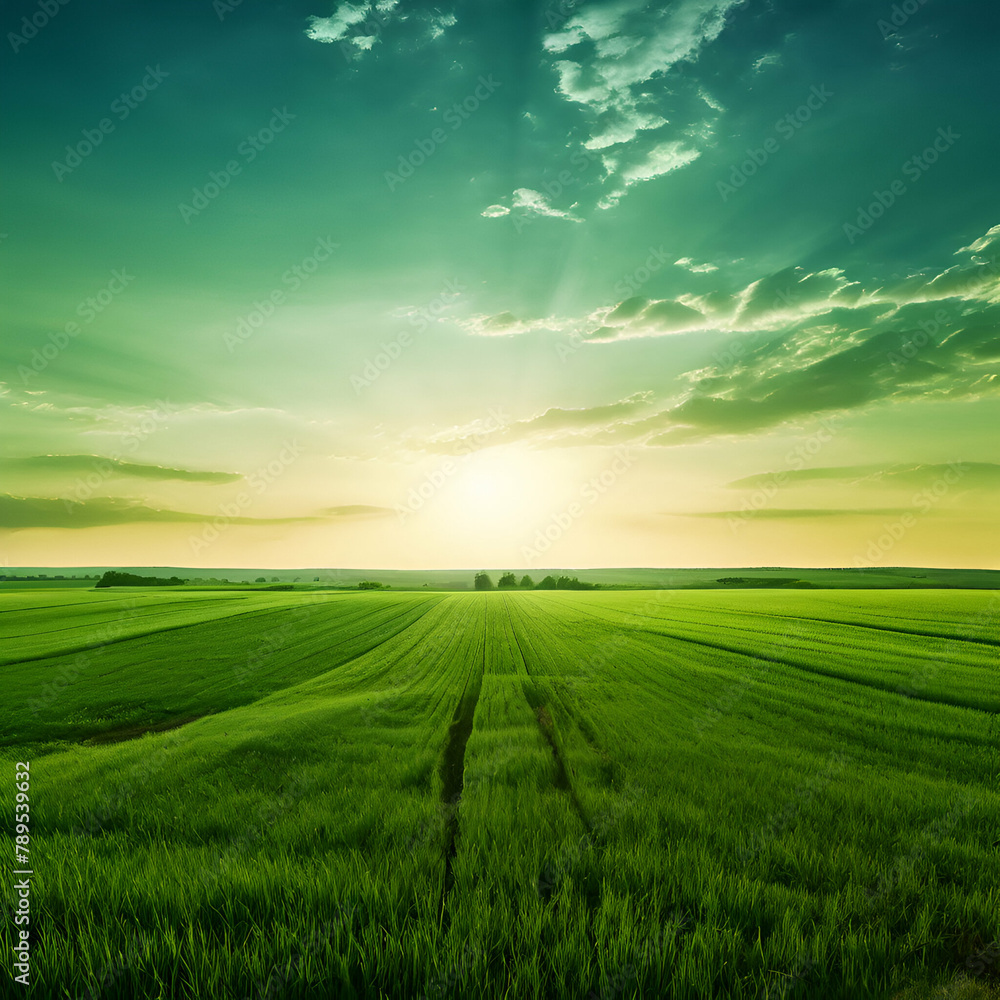 Title: wide panoramic view of green agriculture field grass landscape green sunset horizon

