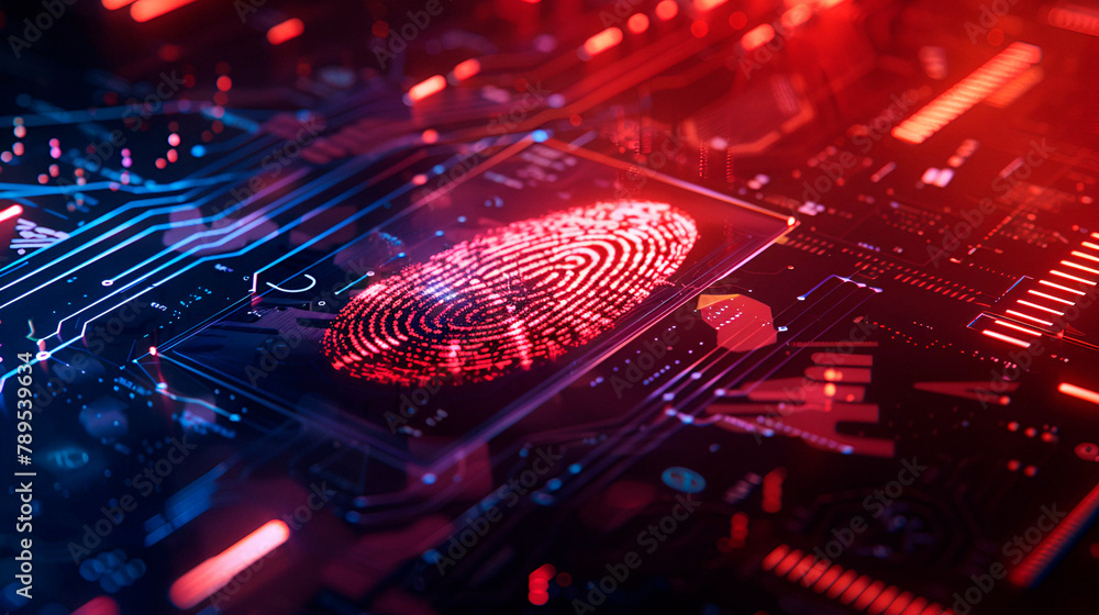 Cybersecurity theme, main object is a fingerprint on the left, surrounding details include a digital interface, composition is off-center, lighting is backlit, copy space on the right Cybersecurity theme, main object is a fingerprint on the left, surrounding details include a digital interface, composition is off-center, lighting is backlit, copy space on the right