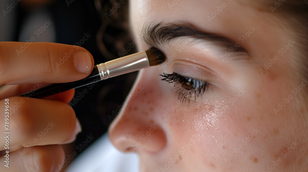 Makeup artist applying make up on young woman face, closeup