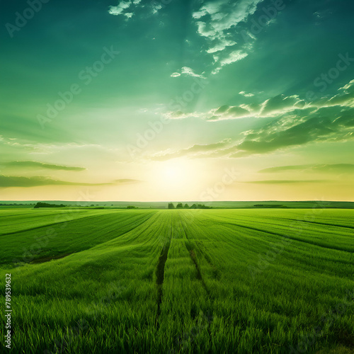 Title: wide panoramic view of green agriculture field grass landscape green sunset horizon