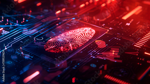 Cybersecurity theme, main object is a fingerprint on the left, surrounding details include a digital interface, composition is off-center, lighting is backlit, copy space on the right