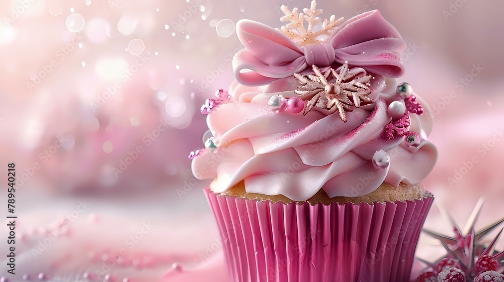 Elegant Pink Christmas Cupcake with Snowflake and Sparkling Decor Elegant Pink Christmas Cupcake with Snowflake and Sparkling Decor