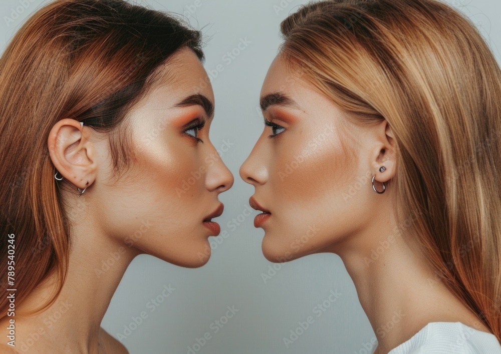 Portrait of two attractive attractive women with flawless skin complexion healthy lifestyle vitality isolated on gray pastel color background.
They are very close and looking at each other. Portrait of two attractive attractive women with flawless skin complexion healthy lifestyle vitality isolated on gray pastel color background.
They are very close and looking at each other.