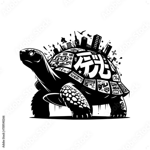 tortoise silhouette, animal graffiti tag, hip hop, street art typography illustration.