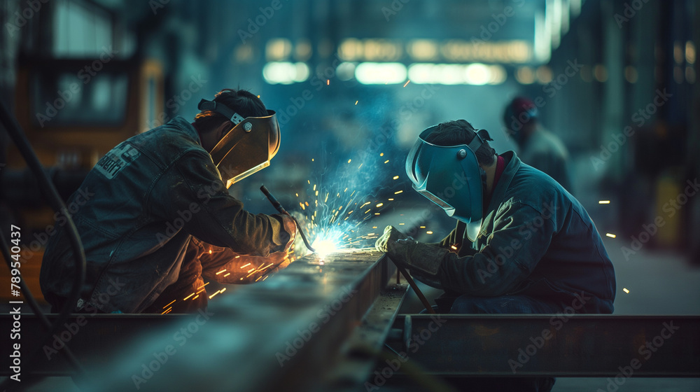 Workers focused on welding beams, their faces shielded by visors, in a scene lit by both the sparks from their tools and the soft natural light of the environment. , natural light, Workers focused on welding beams, their faces shielded by visors, in a scene lit by both the sparks from their tools and the soft natural light of the environment. , natural light,