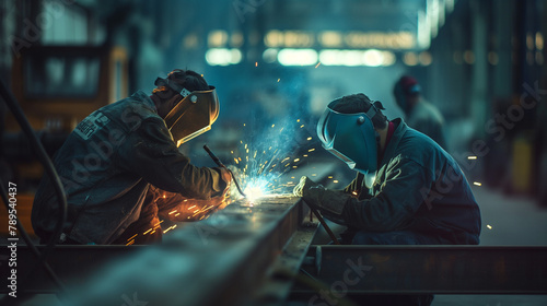 Workers focused on welding beams  their faces shielded by visors  in a scene lit by both the sparks from their tools and the soft natural light of the environment.   natural light 