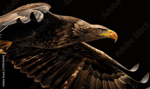 Capture the majesty of a soaring eagle, rendered in photorealistic detail, perfectly embodying strength and grace, ideal for a powerful branding concept