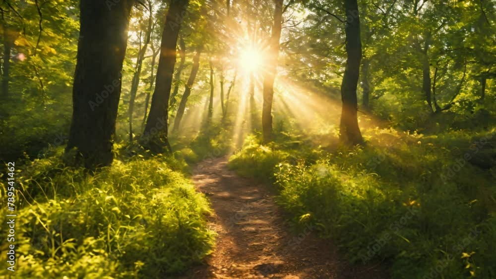 Magic fairytale forest path with firefly flying and sunlight with sun beams Magic fairytale forest path with firefly flying and sunlight with sun beams