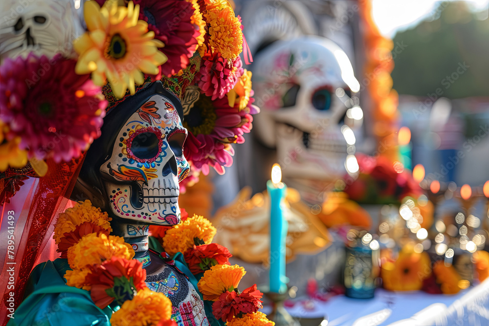 Traditional Dia de los Muertos celebration featuring La Llorona and La Santa Muerte with a decorated Mexican skull