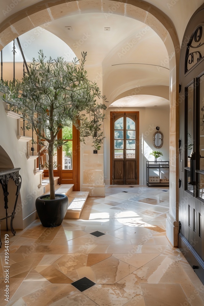 The image showcases a spacious, well-lit entryway with a rustic charm. The focal point is a large, potted tree with lush green leaves, adding a touch of nature to the space.
