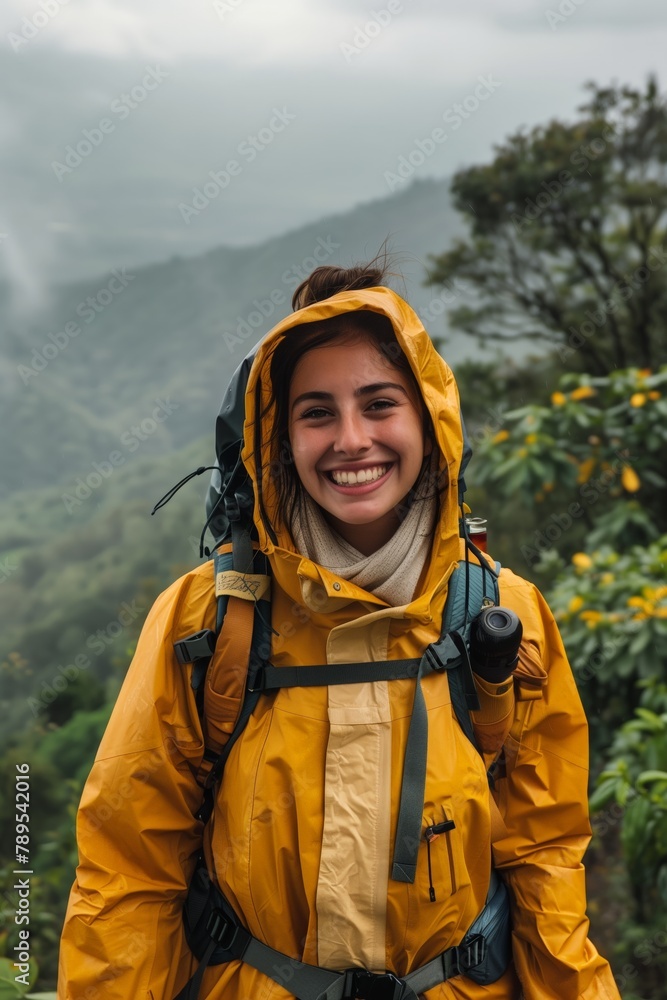 The image captures a young woman, equipped with a yellow raincoat and hiking gear, standing on a mountain trail amidst lush greenery. She is smiling, exuding an adventurous spirit.