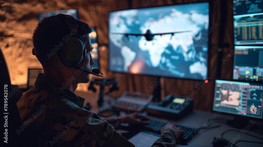 the operator of a modern strategic drone who sits in the control center and controls it through a computer while listening to orders through headphones the operator of a modern strategic drone who sits in the control center and controls it through a computer while listening to orders through headphones