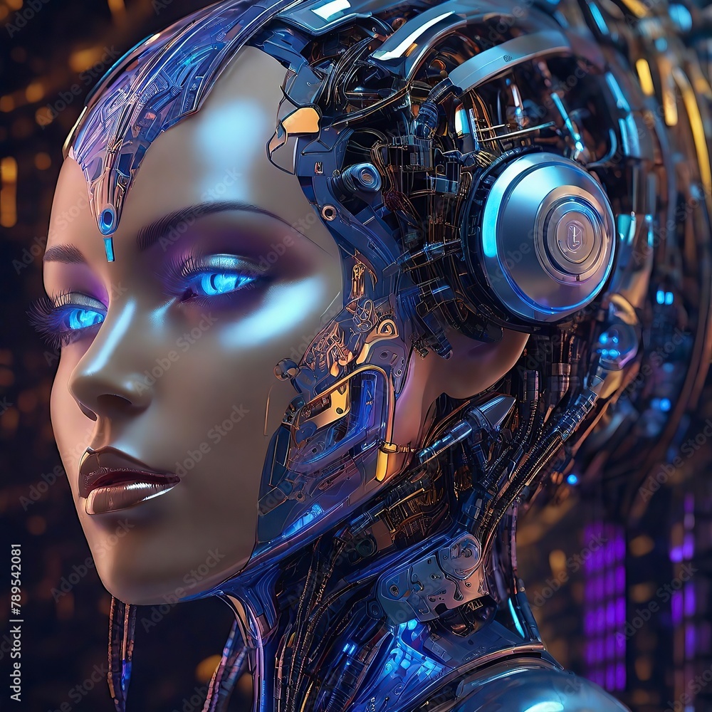 Fototapeta premium Artificial Intelligence Head Portrait With Intricate Parts Robotical New Woman Robot Background HD