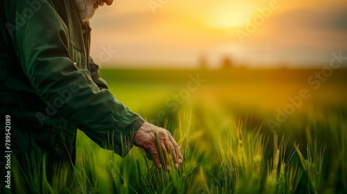 Man farmer walks through a wheat field at sunset  touching green ears of wheat with his hands  inspecting harvest. Agricultural business.