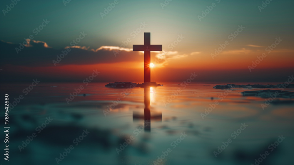 minimalistic cross on the background of the sun setting on the beach minimalistic cross on the background of the sun setting on the beach