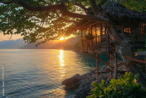 treehouse on tropical island facing coastline with sunrise © Nazir