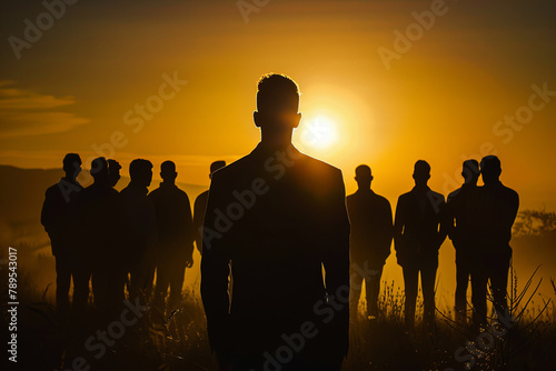 Silhouette of a leader standing before a group  backlit to emphasize leadership